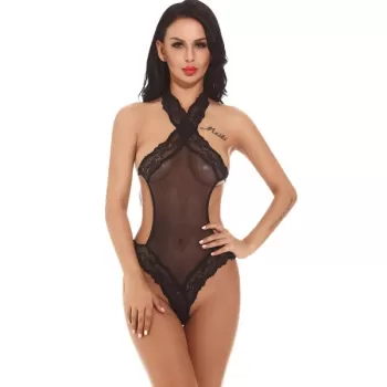 Halter One Piece Teddy Hollow-out Lingerie leepwear - Black