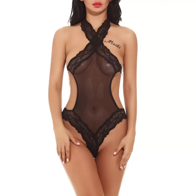 Halter One Piece Teddy Hollow-out Lingerie leepwear - Black