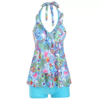 Halter Paisley Printed Tankini Set - Deep Sky Blue