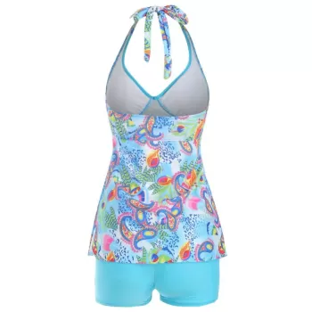 Halter Paisley Printed Tankini Set - Deep Sky Blue