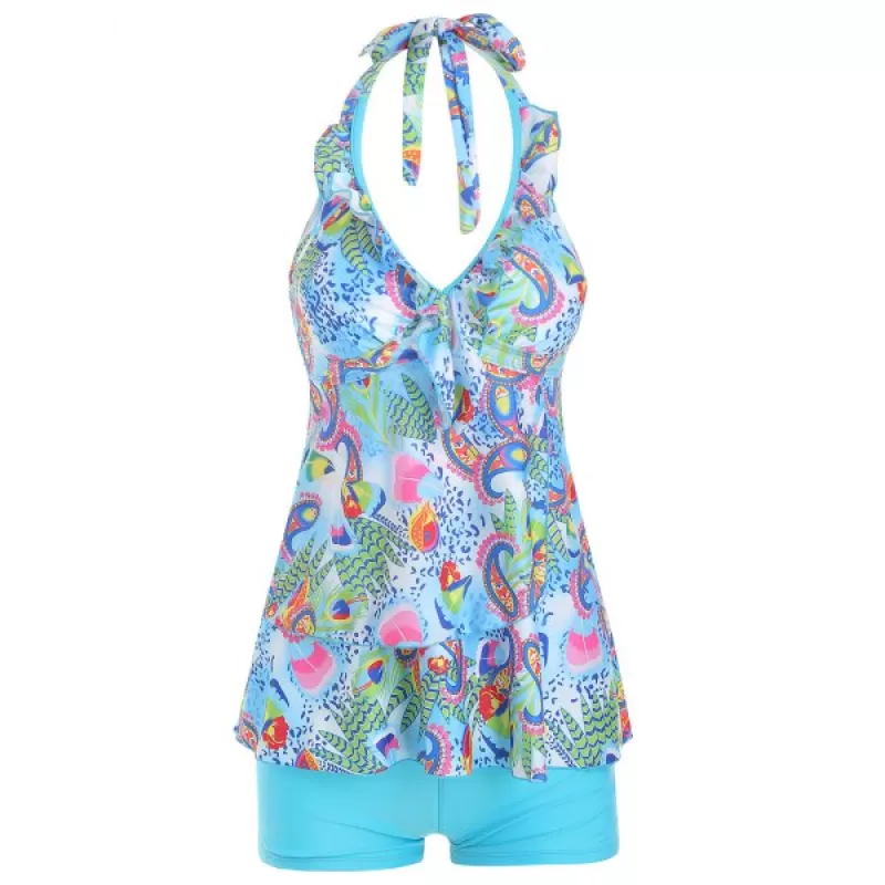 Halter Paisley Printed Tankini Set - Deep Sky Blue