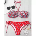 Halter String Swiss Dot Bikini Set - Black And Red