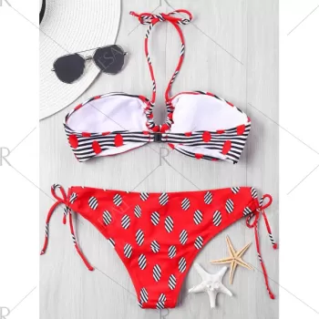 Halter String Swiss Dot Bikini Set - Black And Red
