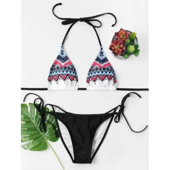 Halter Tribal Print String Bikini Set - Black