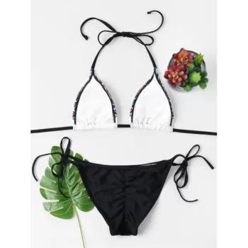 Halter Tribal Print String Bikini Set - Black
