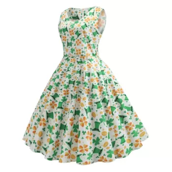 Hat Print V Neck Flare Dress -