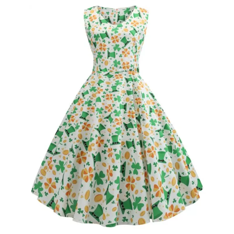 Hat Print V Neck Flare Dress -