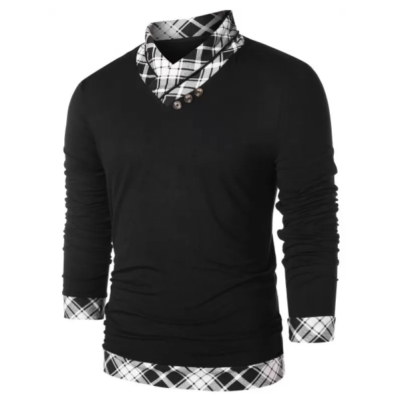 Heaps Collar Checked Print T-shirt - Black