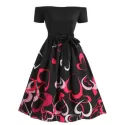 Heart Print Off The houlder Flare Dress - Black