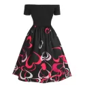 Heart Print Off The houlder Flare Dress - Black
