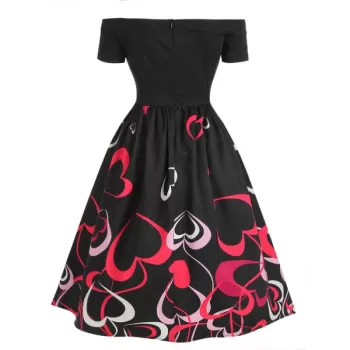 Heart Print Off The houlder Flare Dress - Black