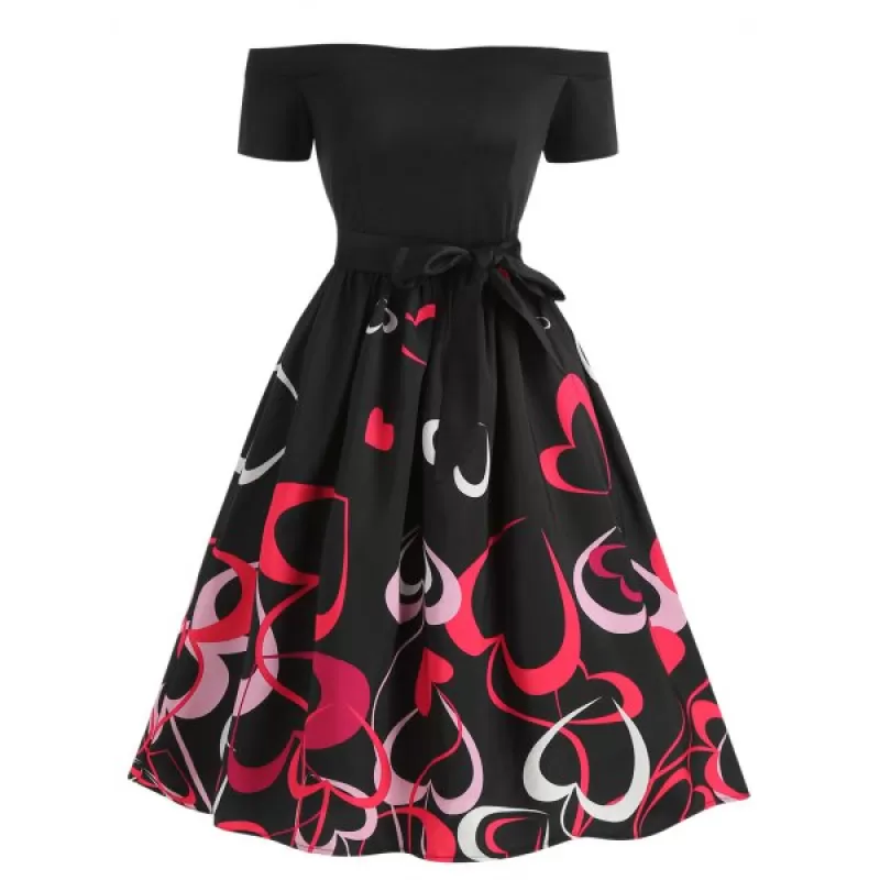 Heart Print Off The houlder Flare Dress - Black