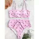 Heart Print ide Boning High Waisted Bikini wimsuit - Pink