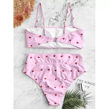 Heart Print ide Boning High Waisted Bikini wimsuit - Pink