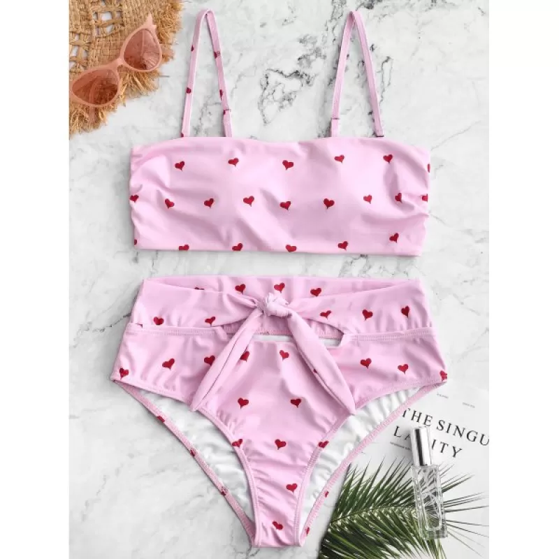 Heart Print ide Boning High Waisted Bikini wimsuit - Pink