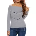 Heart Rhinestone Off The houlder weater - Gray