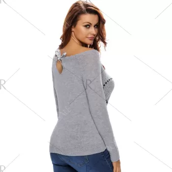 Heart Rhinestone Off The houlder weater - Gray