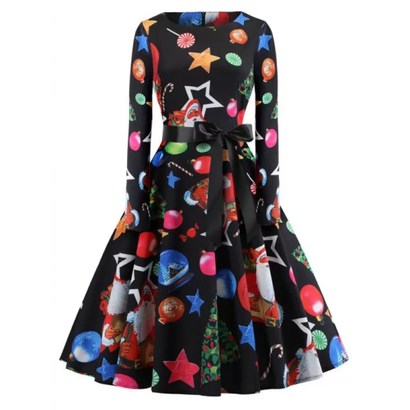 Hepburn Vintage eries Women Dress pring And ummer Round Neck Christmas Printing Design Long leeve Belt Corset Dress - Black