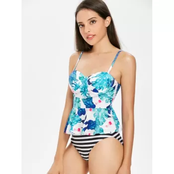 High Leg Flower Tankini et - Deep ky Blue
