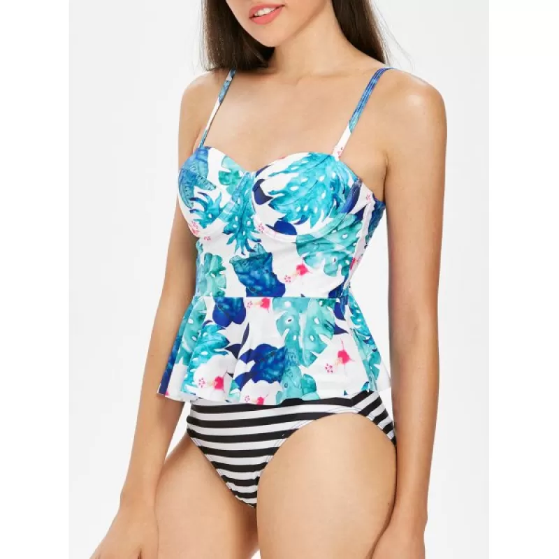 High Leg Flower Tankini et - Deep ky Blue