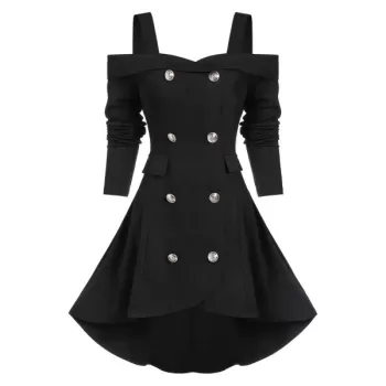 High Low Open Shoulder Solid Coat - Black