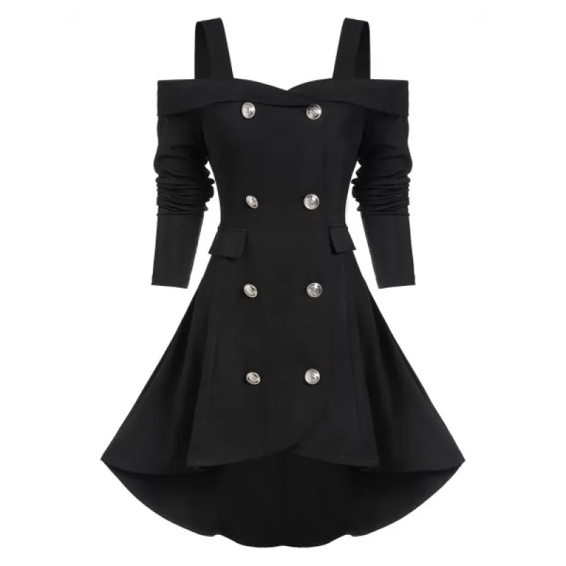 High Low Open Shoulder Solid Coat - Black