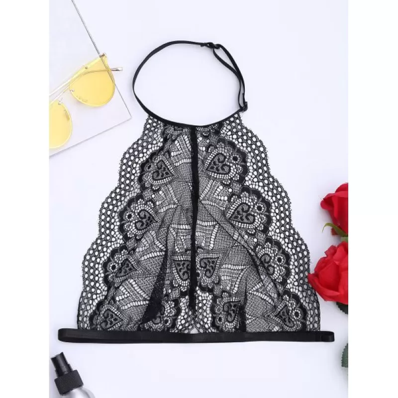 High Neck Lace Bralette - Black