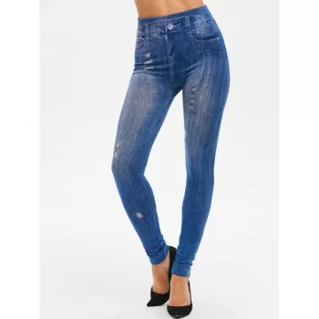 High Rise 3D Ripped Print Jeggings - Denim Dark Blue One