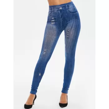 High Rise 3D Ripped Print Jeggings - Denim Dark Blue One