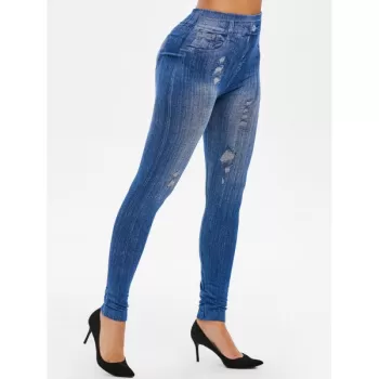 High Rise 3D Ripped Print Jeggings - Denim Dark Blue One
