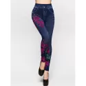 High Rise Rib Knit Waistband Flower Jeggings - Denim Dark Blue One