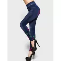 High Rise Rib Knit Waistband Flower Jeggings - Denim Dark Blue One