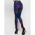 High Rise Rib Knit Waistband Flower Jeggings - Denim Dark Blue One