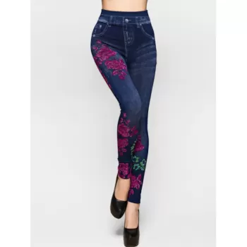 High Rise Rib Knit Waistband Flower Jeggings - Denim Dark Blue One