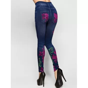 High Rise Rib Knit Waistband Flower Jeggings - Denim Dark Blue One