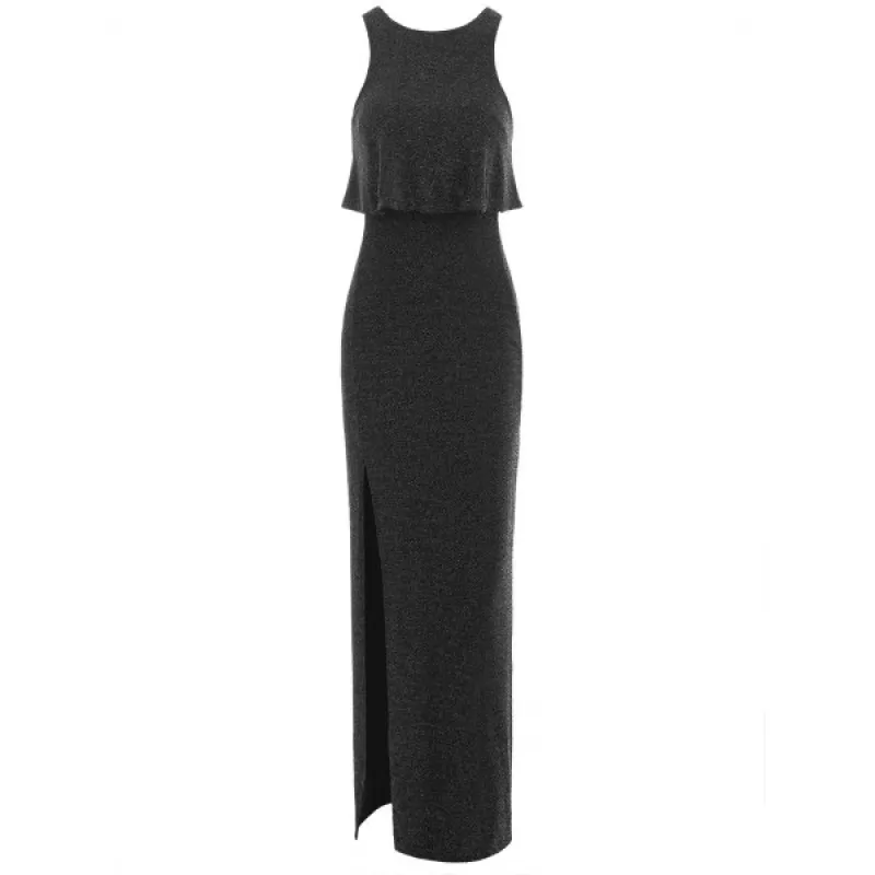 High Slit Flounce Sparkly axi Dress - Black