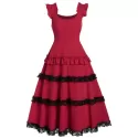 High Waist Lace Panel Ruffle Smocked Vintage Dress - Lava Red