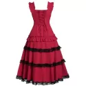 High Waist Lace Panel Ruffle Smocked Vintage Dress - Lava Red
