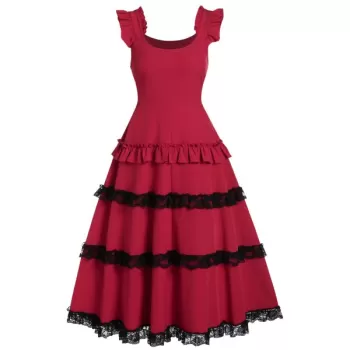 High Waist Lace Panel Ruffle Smocked Vintage Dress - Lava Red