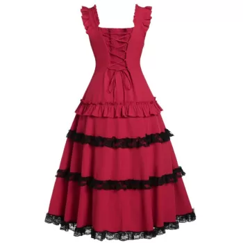 High Waist Lace Panel Ruffle Smocked Vintage Dress - Lava Red
