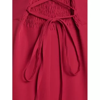 High Waist Lace Panel Ruffle Smocked Vintage Dress - Lava Red