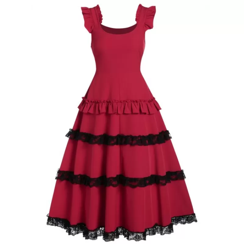 High Waist Lace Panel Ruffle Smocked Vintage Dress - Lava Red
