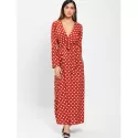 High Waist Polka Dot Ankle Length Dress - Chestnut Red