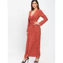 High Waist Polka Dot Ankle Length Dress - Chestnut Red