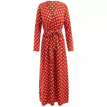 High Waist Polka Dot Ankle Length Dress - Chestnut Red