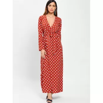 High Waist Polka Dot Ankle Length Dress - Chestnut Red