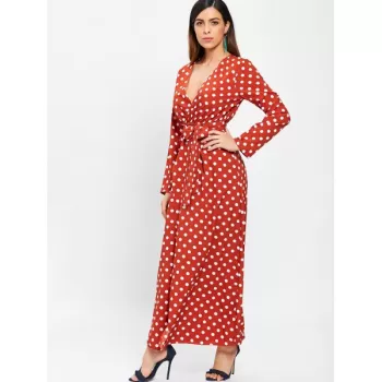 High Waist Polka Dot Ankle Length Dress - Chestnut Red