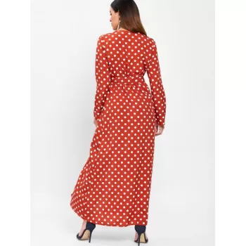 High Waist Polka Dot Ankle Length Dress - Chestnut Red