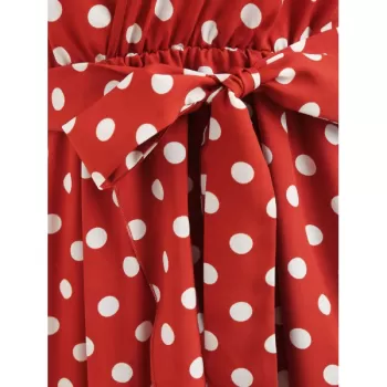 High Waist Polka Dot Ankle Length Dress - Chestnut Red