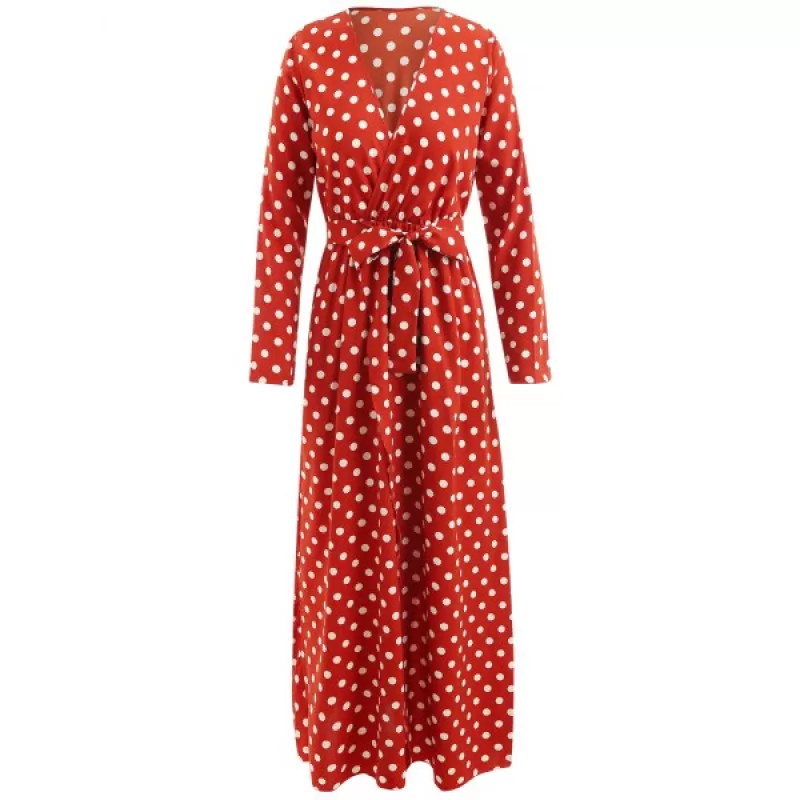 High Waist Polka Dot Ankle Length Dress - Chestnut Red